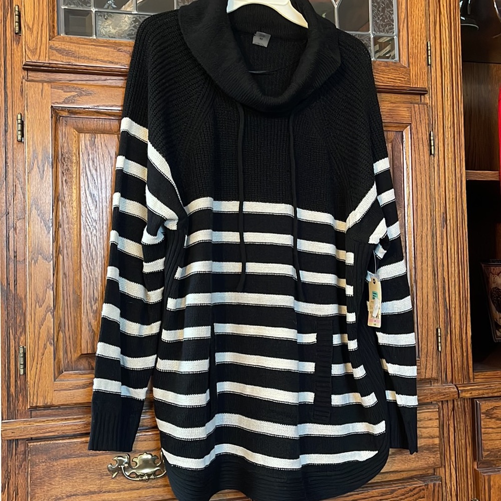 NWT ST JOHNS BAY (SJB) BLACK & IVORY STRIPE KNIT COWL NECK SZ 2X